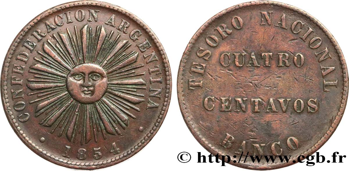 ARGENTINA 4 Centavos Confédération Argentine 1854 Birmingham BC+ 