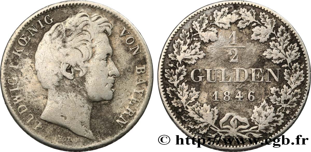 ALLEMAGNE - BAVIÈRE 1/2 Gulden Louis Ier 1846 Munich TB+ 