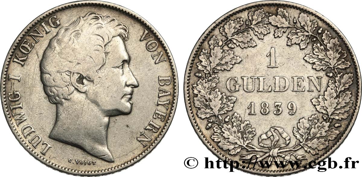 ALLEMAGNE - BAVIÈRE 1 Gulden Louis Ier 1839 Münich TB+/TTB 