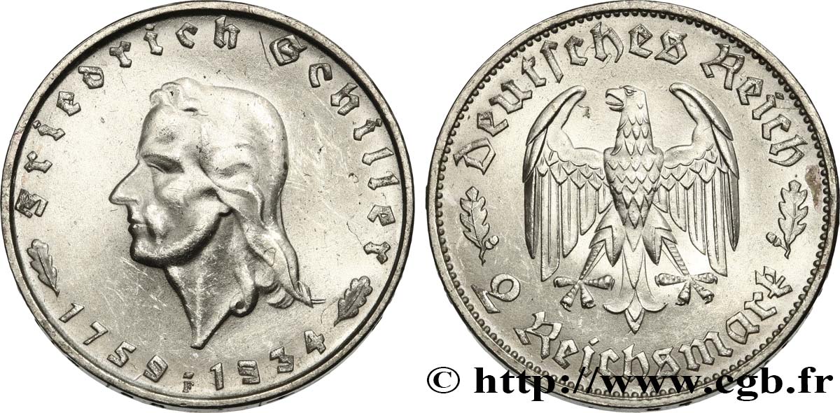 GERMANY 2 Reichsmark 175e anniversaire de la naissance de Friedrich Schiller 1934 Stuttgart MS 