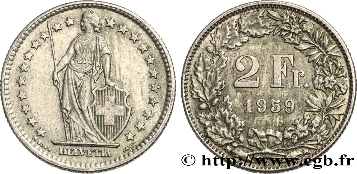 SCHWEIZ 2 Francs Helvetia 1959 Berne - B VZ 