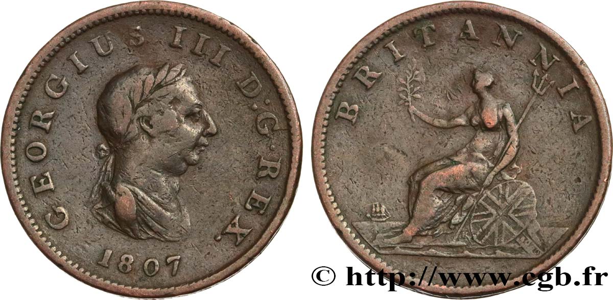 ROYAUME-UNI 1/2 Penny Georges III tête laurée 1807  TB+ 