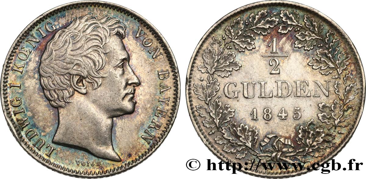 ALLEMAGNE - BAVIÈRE 1/2 Gulden Louis Ier 1845 Munich SUP 