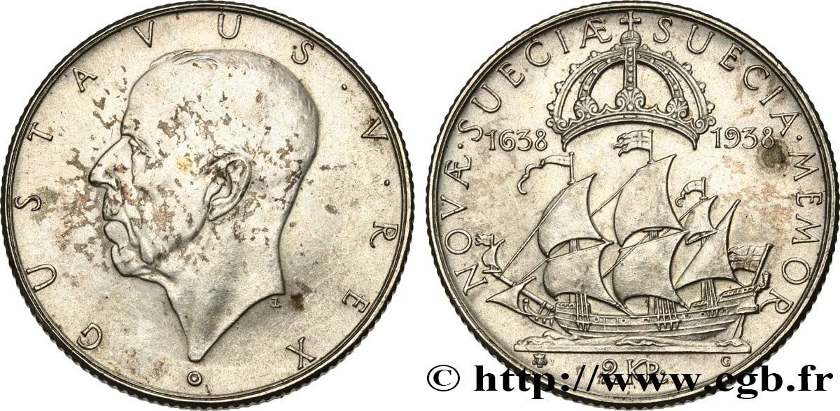 SUÈDE 2 Kronor 300e anniversaire de la colonisation du Delaware 1938  SUP 