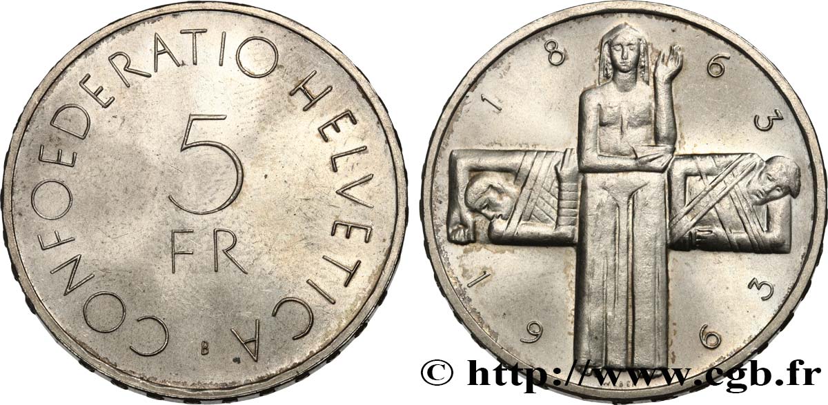 SVIZZERA  5 Francs centenaire de la Croix Rouge 1963 Berne  SPL 