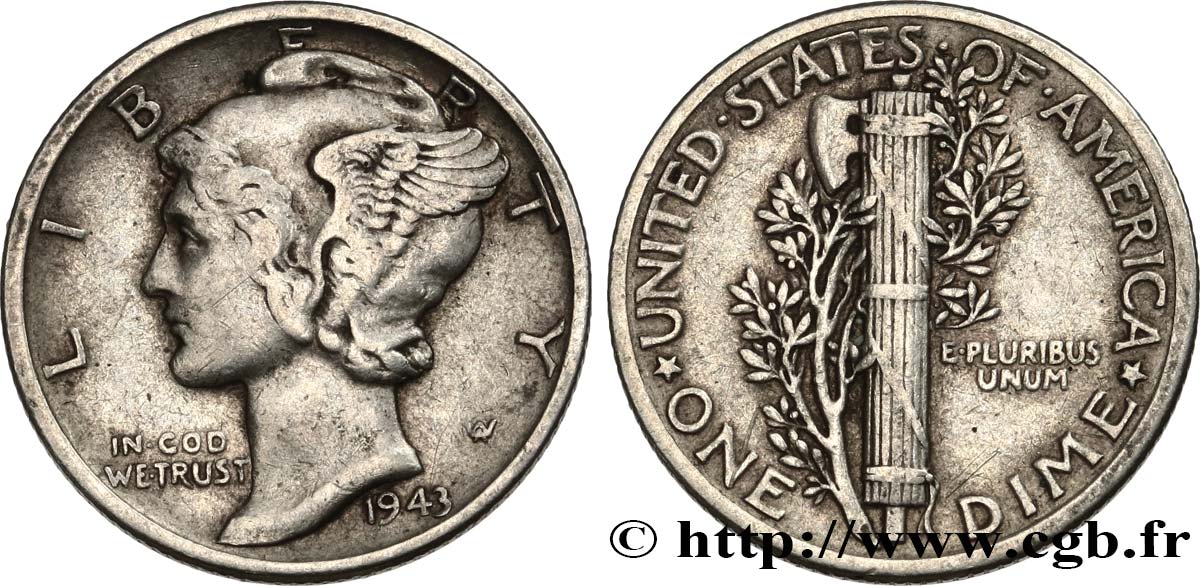 UNITED STATES OF AMERICA 1 Dime Mercury 1943 Philadelphie XF 
