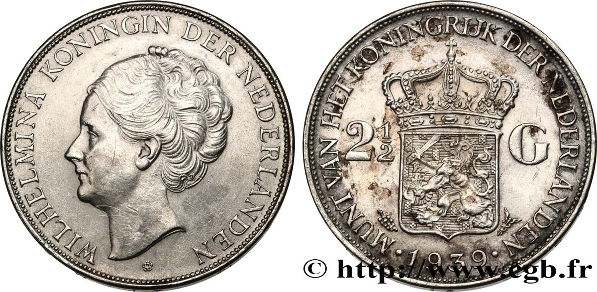 NETHERLANDS 2 1/2 Gulden Wilhelmina 1939 Utrecht AU 