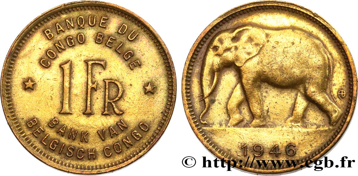 CONGO BELGE 1 Franc éléphant 1946  TTB 