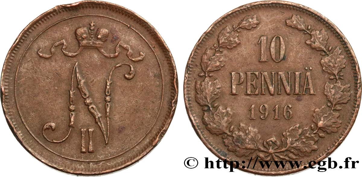 FINLANDE 10 Pennia monogramme Tsar Nicolas II 1916  TTB 