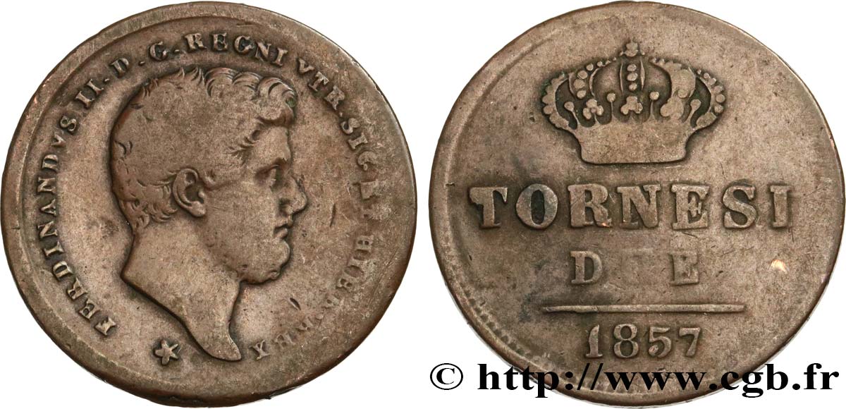 ITALIA - REINO DE LAS DOS SICILIAS 2 Tornesi Royaume des Deux-Siciles, Ferdinand II / écu couronné type à 5 pétales 1857 Naples BC 