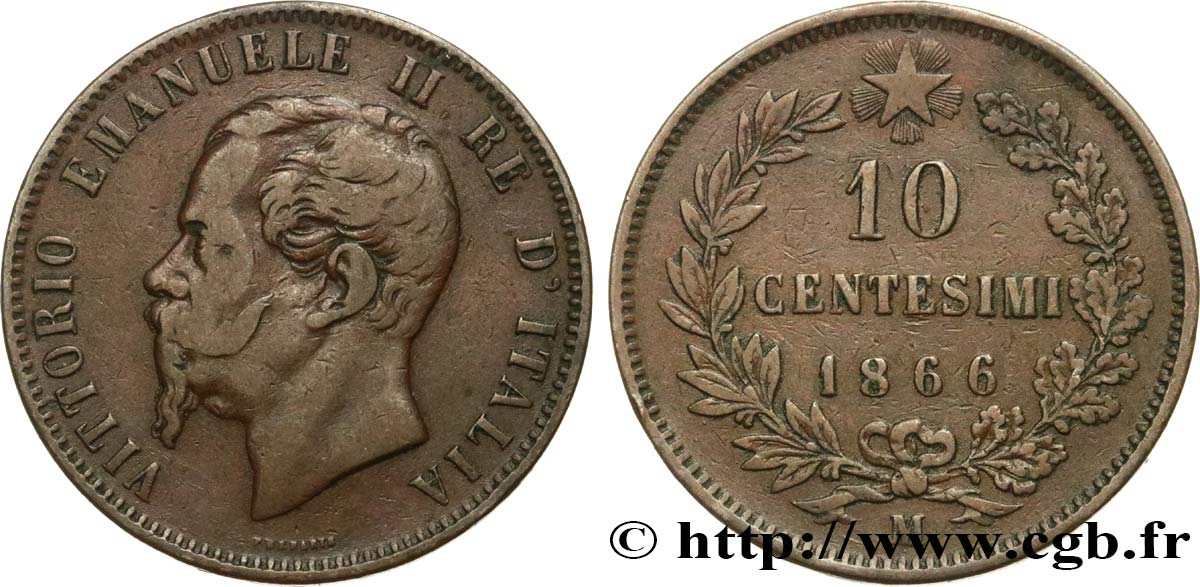 ITALIE 10 Centesimi Victor Emmanuel II 1866 Milan TTB 