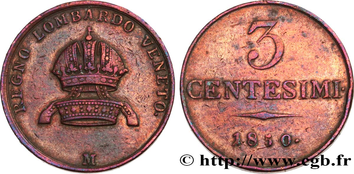 ITALY - LOMBARDY - VENETIA 3 Centesimi 1850 Milan - M XF 