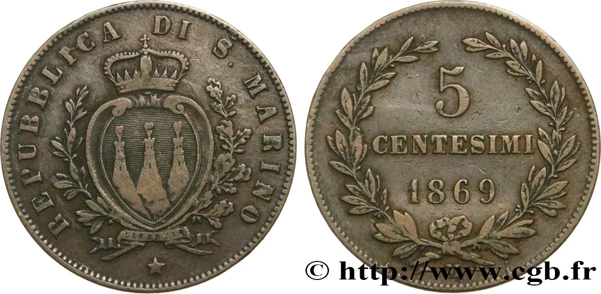 SAINT-MARIN 5 Centesimi écu aux trois tours 1869 Milan TTB 