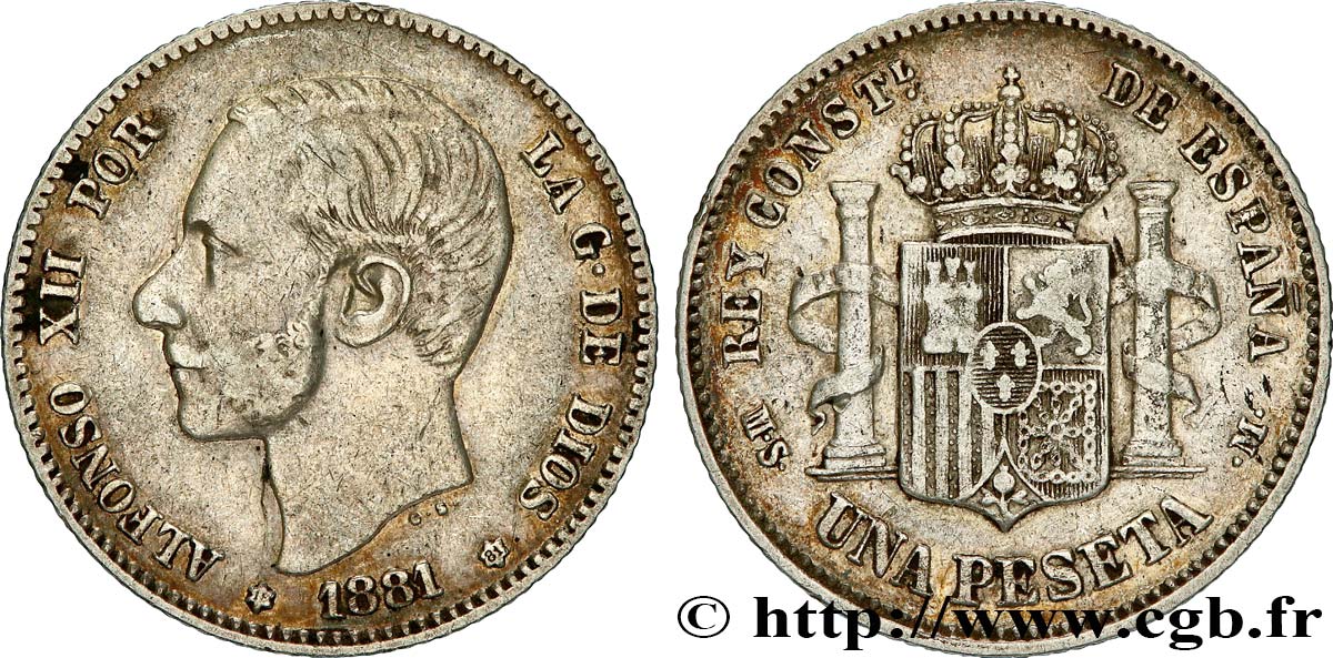 SPAIN - KINGDOM OF SPAIN - ALFONSO XII 1 Peseta (1881) 1881  XF 