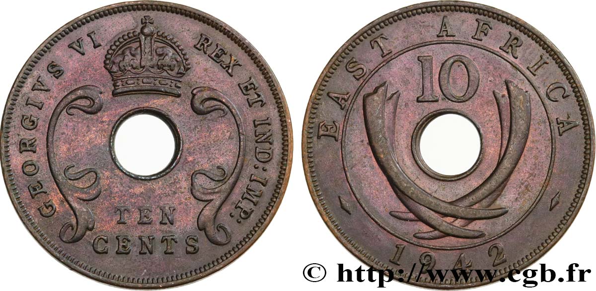 ÁFRICA ORIENTAL BRITÁNICA 10 Cents frappe au nom de Georges VI 1942 Londres MBC+ 