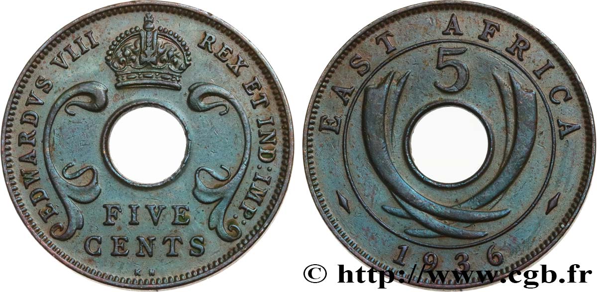 EAST AFRICA 5 Cents frappe au nom d’Édouard VIII 1936 Kings Norton - KN AU 