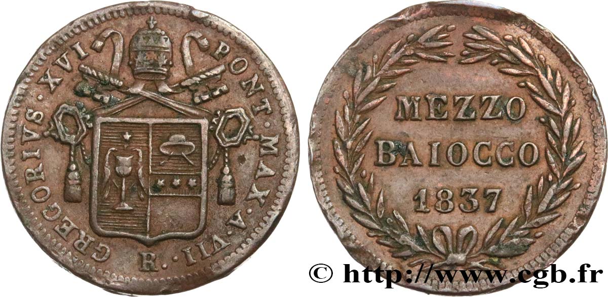 VATICAN ET ÉTATS PONTIFICAUX 1/2 Baiocco au nom de Grégoire XVI an VII 1837 Rome TTB 
