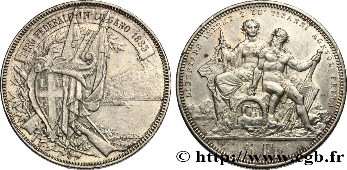 SUISSE 5 Francs, concours de Tir de Lugano 1883  TTB+ 