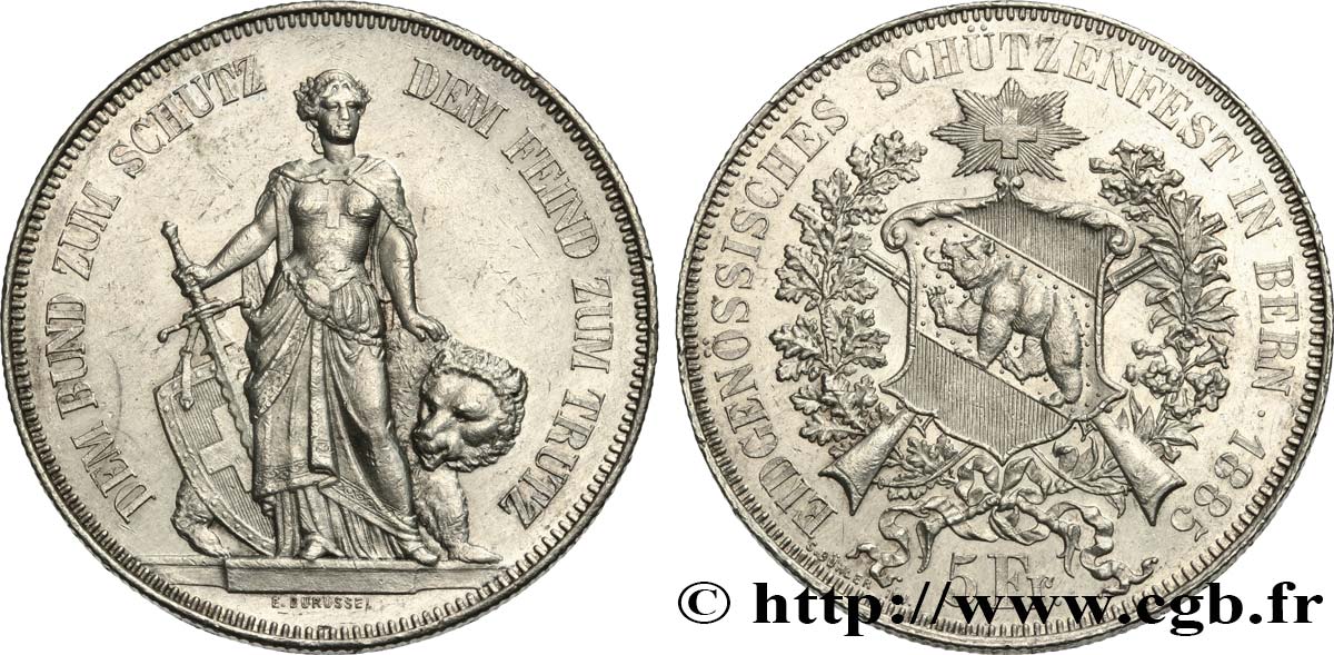 SCHWEIZ 5 Francs, concours de Tir de Berne 1885  VZ 