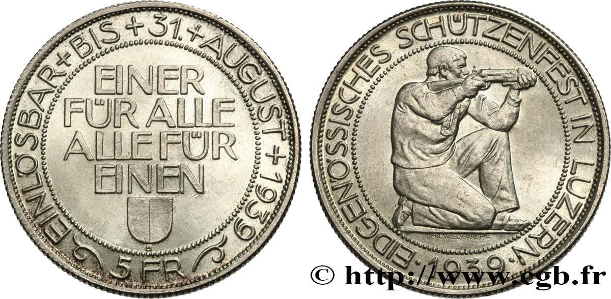 SCHWEIZ - KANTON LUZERN 5 Francs 1939  fST 