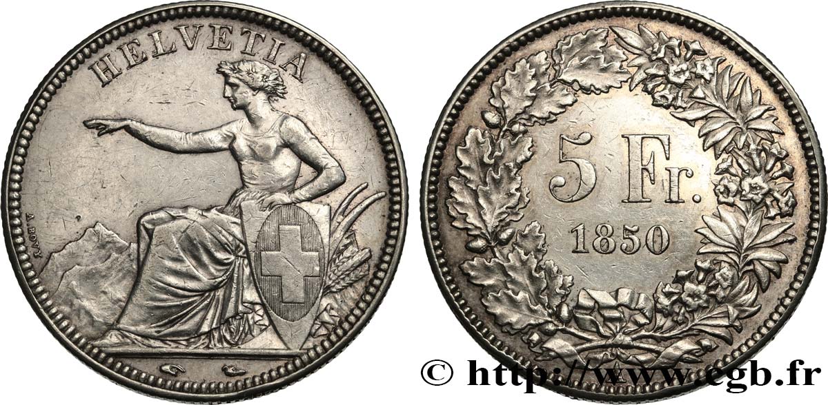 SUISSE - CONFEDERATION 5 Francs 1850 Paris TTB 