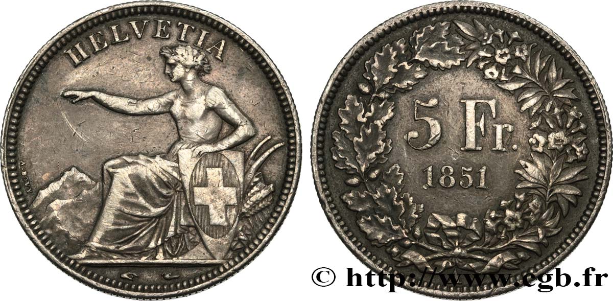 SWITZERLAND - CONFEDERATION 5 Francs Helvetia assise 1851 Paris XF 