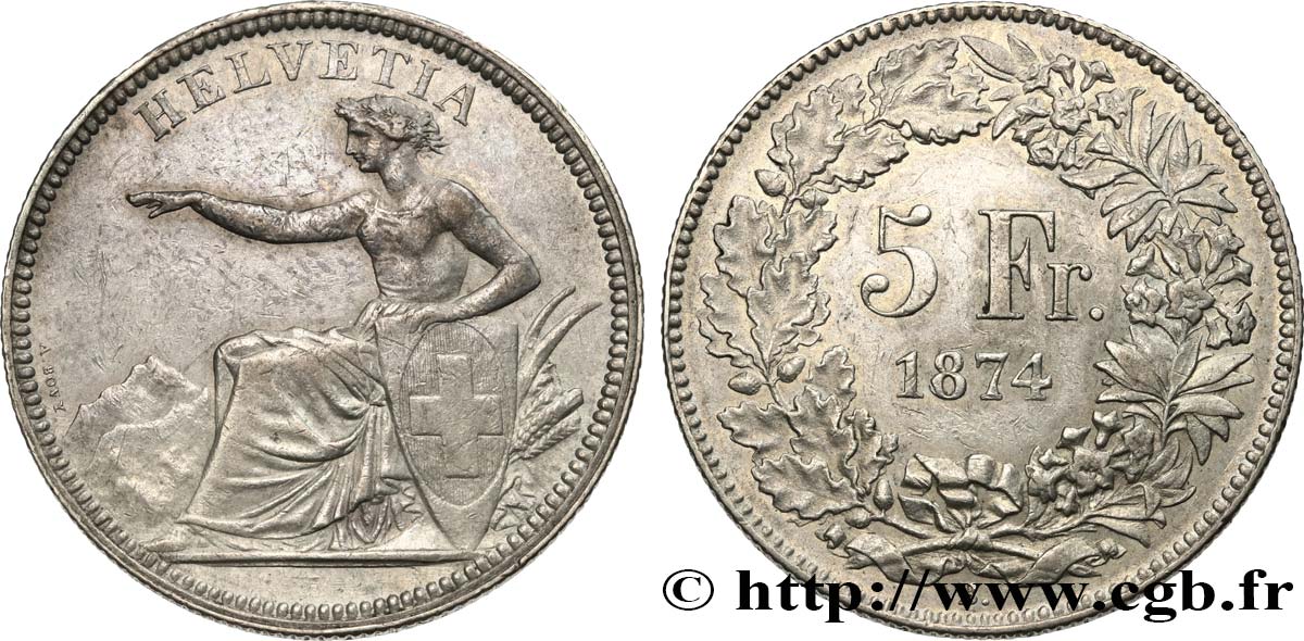 SVIZZERA  5 Francs Helvetia assise 1874 Bruxelles q.SPL 