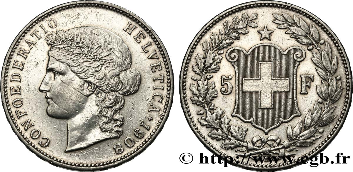 SUIZA 5 Francs Helvetia 1908 Berne MBC 
