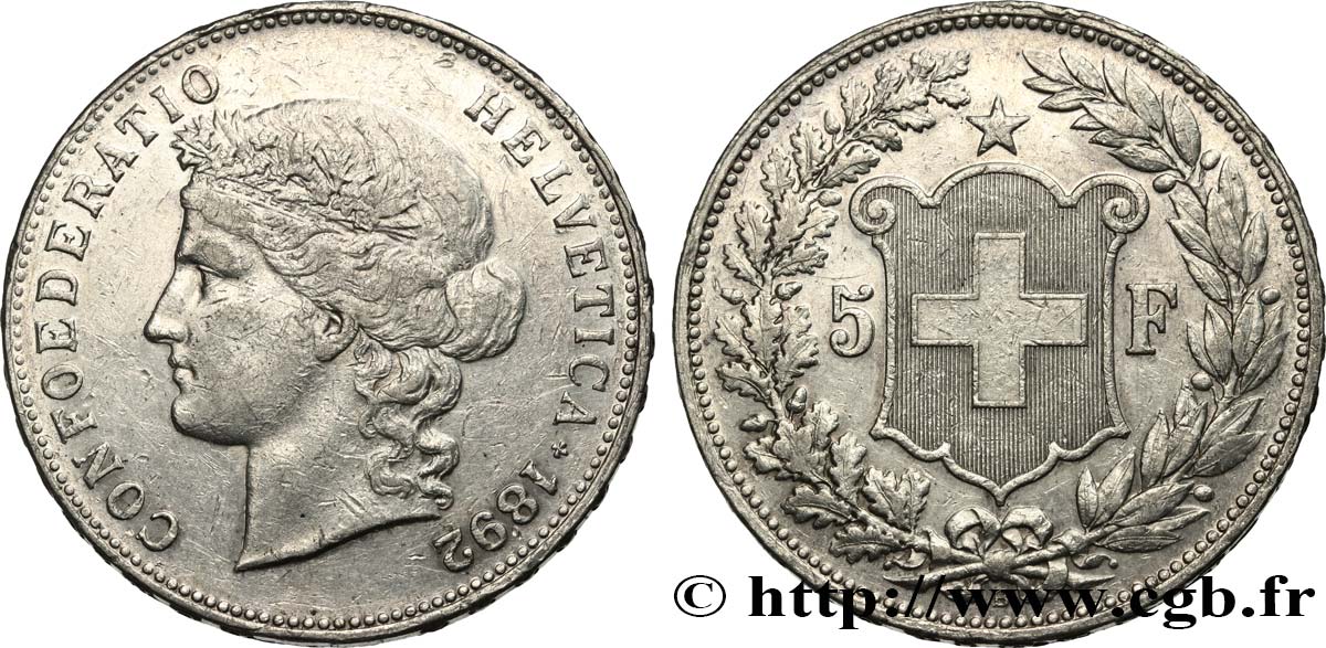 SUISSE 5 Francs Helvetia 1892 Berne TTB+ 