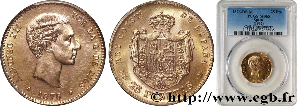 SPANIEN 25 Peseta Alphonse XI refrappe de 1962 1876 Madrid ST65 PCGS