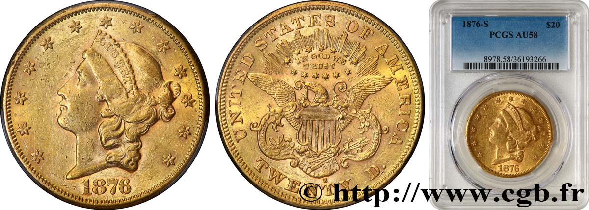 ÉTATS-UNIS D AMÉRIQUE 20 Dollars  Liberty  1876 San Francisco EBC58 PCGS