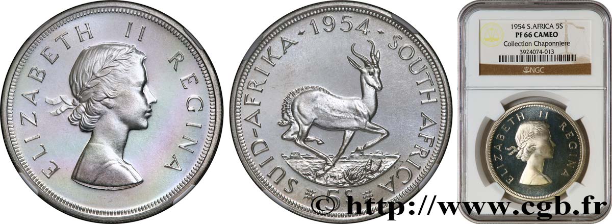 SOUTH AFRICA 5 Shillings Proof Elisabeth II 1954 Pretoria MS66 NGC
