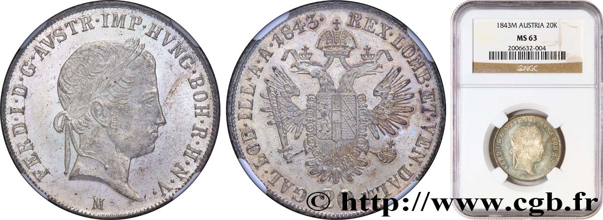 ITALY - KINGDOM OF LOMBARDY-VENETIA - FERDINAND I 20 Kreuzer Ferdinand Ier 1843 Milan MS63 NGC