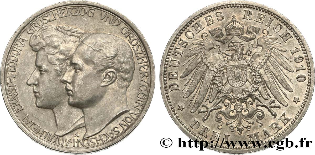 ALLEMAGNE - SAXE-WEIMAR-EISENACH 3 Mark 1910 Berlin TTB+ 
