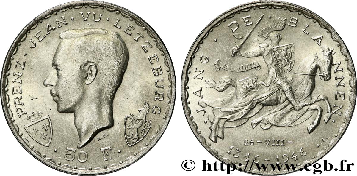 LUXEMBURG 50 Francs prince Jean, 600e anniversaire de mort de Jean Ier de Luxembourg 1946  VZ+ 