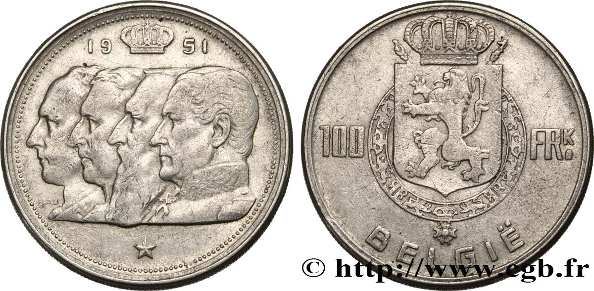BELGIUM 100 Francs Quatre rois de Belgique, légende flamande 1951  XF 