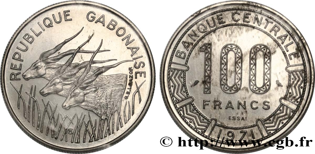 GABON Essai de 100 Francs antilopes type “Banque Centrale” 1971 Paris FDC 