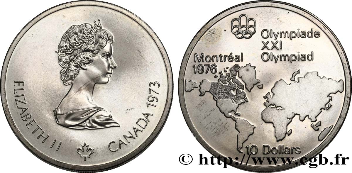 CANADá
 10 Dollars JO Montréal 1976 carte du Monde / Elisabeth II 1973  SC 