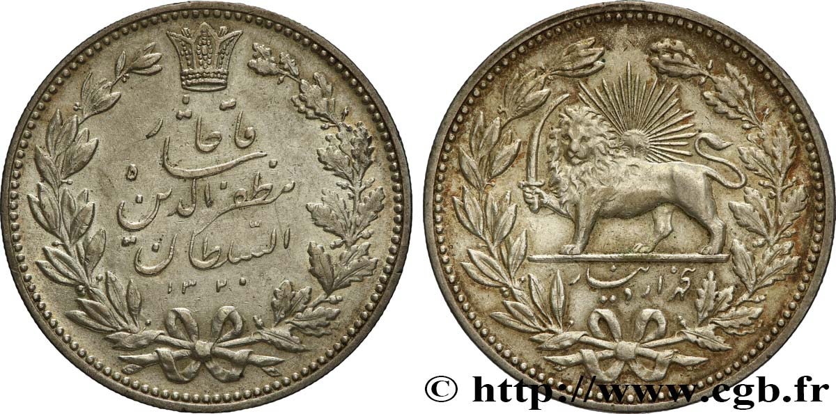 IRAN 5000 Dinars (5 Kran) frappe pour Muzaffar al-Din Shah AH 1320 (1902)  AU 