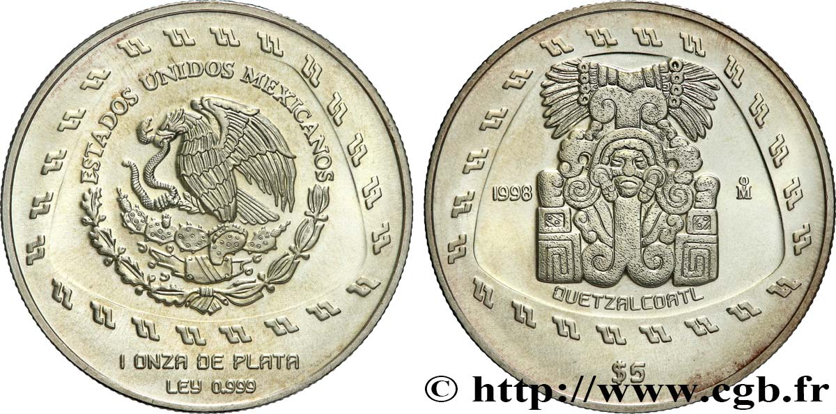 MEXIQUE 5 Pesos Civilisations précolombiennes - série Toltèque : Quetzalcoatl 1998 Mexico FDC 