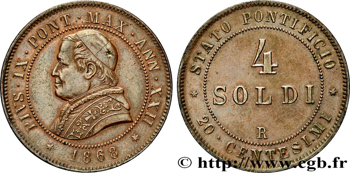 ITALIA - ESTADOS PONTIFICOS - PIE IX (Giovanni Maria Mastai Ferrettii) 4 Soldi (20 Centesimi) an XXII 1868 Rome EBC 