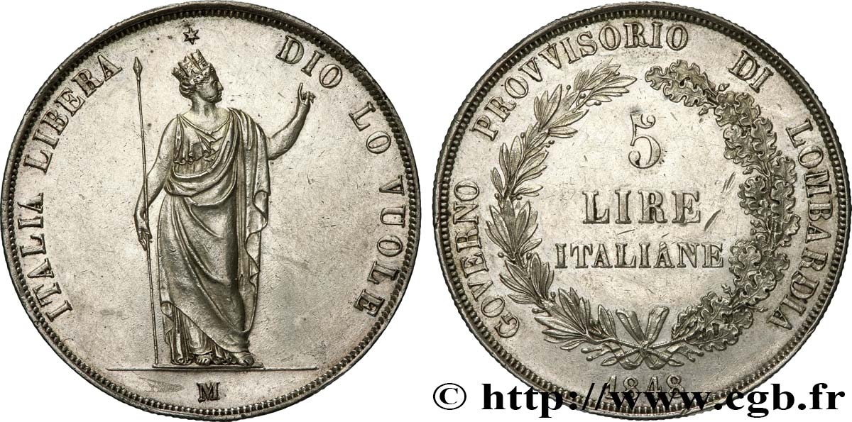 LOMBARDIE - GOUVERNEMENT PROVISOIRE 5 Lire 1848 Milan EBC 