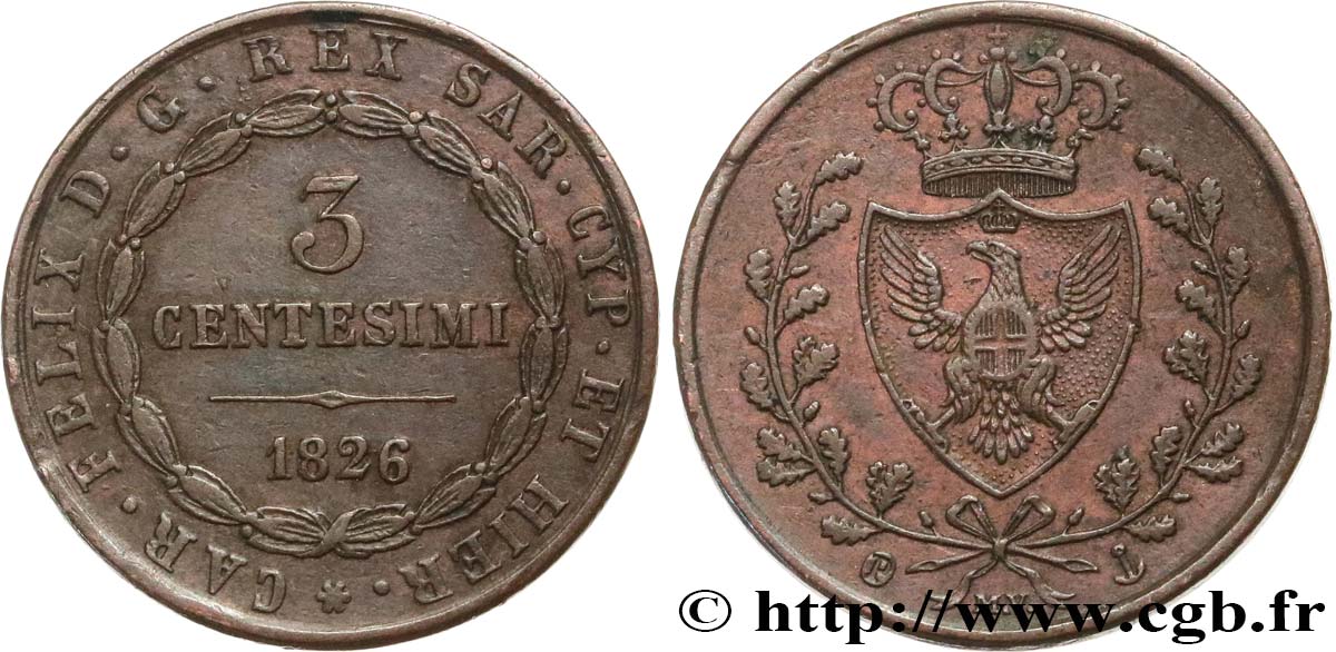 ITALY - KINGDOM OF SARDINIA 5 Centesimi Royaume de Sardaigne type au “P” 1826 Gênes XF 