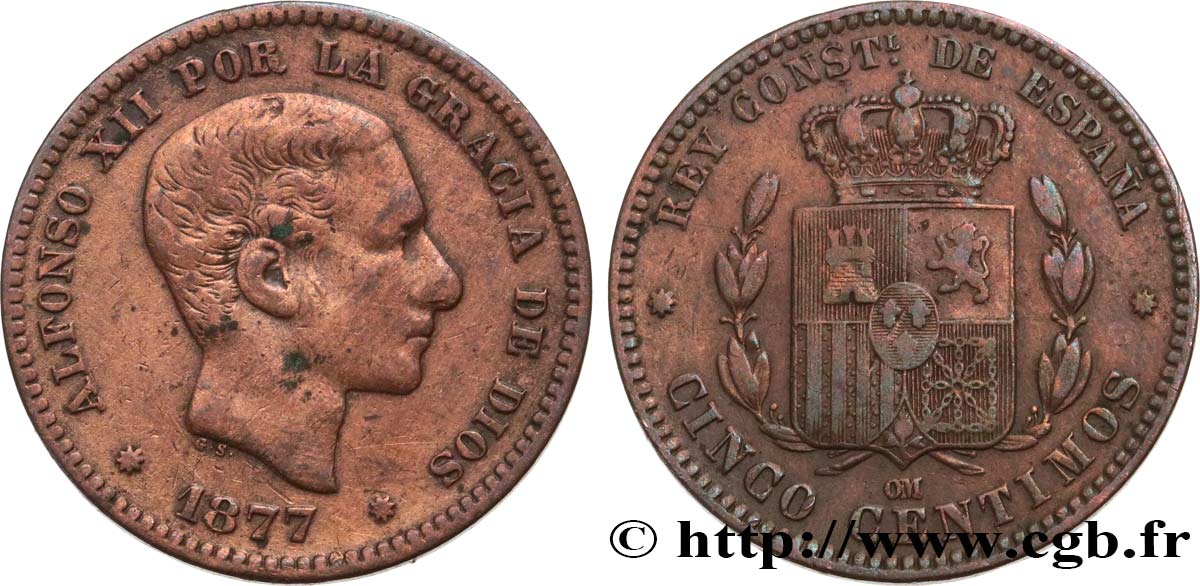 SPAIN 5 Centimos Alphonse XII 1877 Oeschger Mesdach & CO VF 