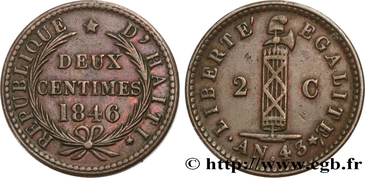 HAITI 2 Centimes faisceau, an 43 1846  AU 