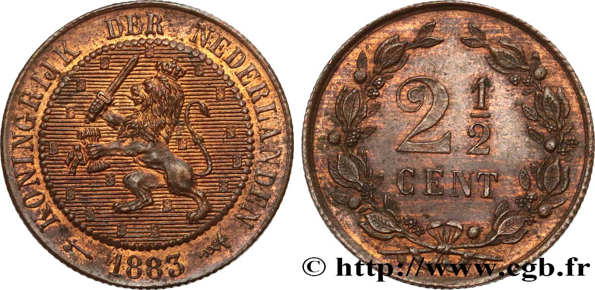 NETHERLANDS 2 1/2 Cents lion couronné 1883 Utrecht MS 