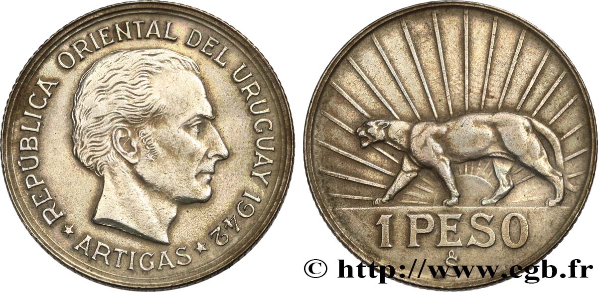 URUGUAY 1 Peso José Gervasio Artigas 1942 Santiago XF 