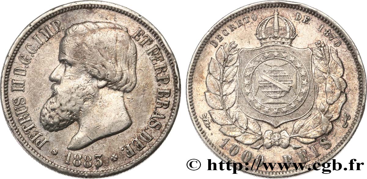 BRAZIL 1000 Reis Pierre II 1883  VF 