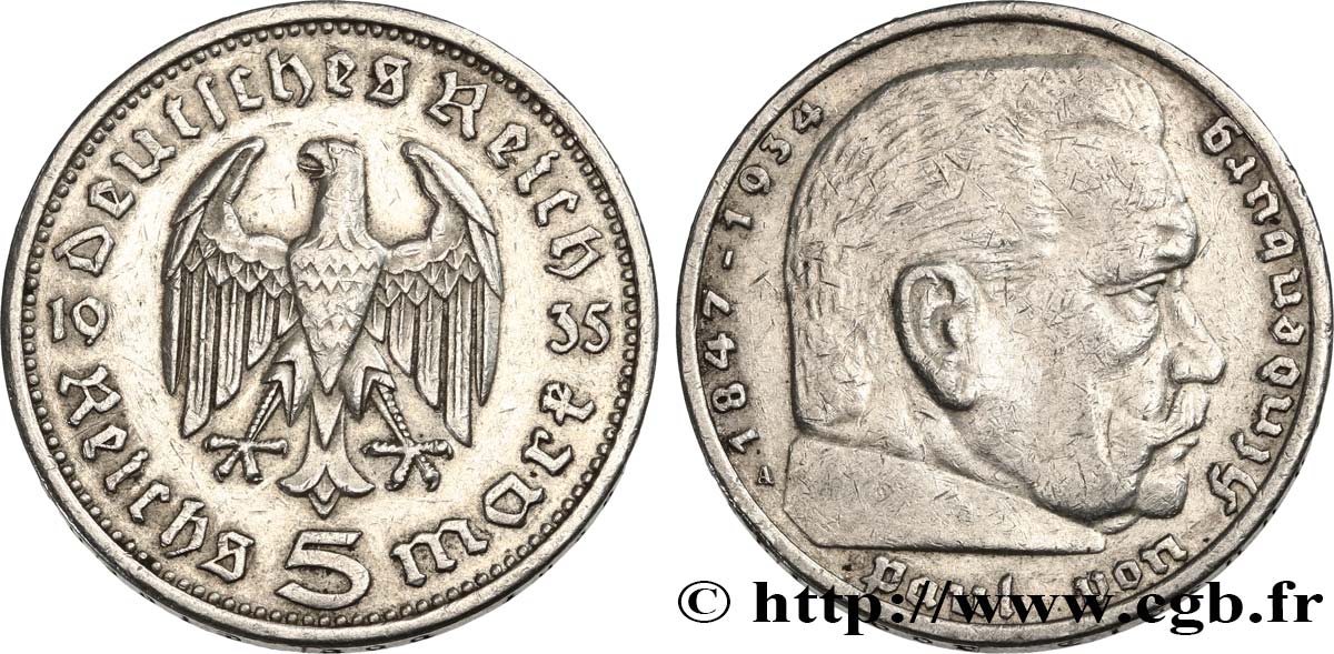ALEMANIA 5 Reichsmark Aigle / Maréchal Paul von Hindenburg 1935 Berlin MBC+ 