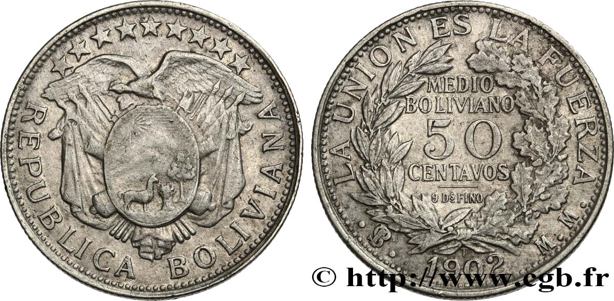 BOLIVIA 50 Centavos (1/2 Boliviano) 1902 Potosi MBC 